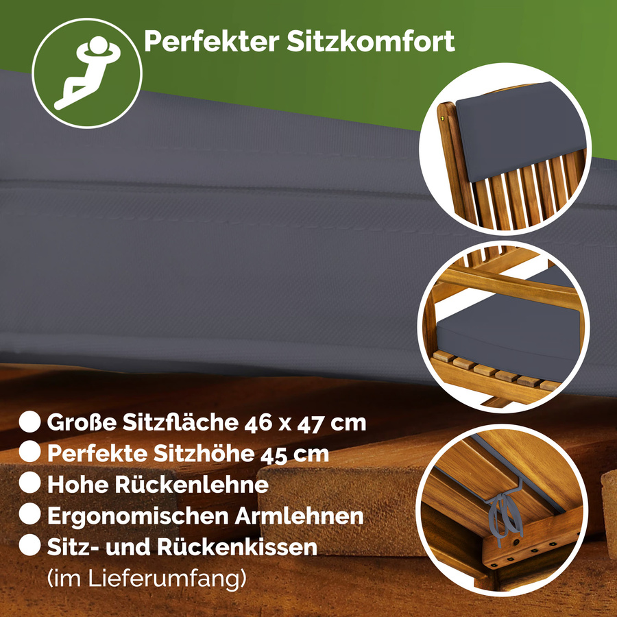 CASARIA Schaukelstuhl aus geöltem Akazienholz mit Armlehnen und Kissen, rustikal, H x B x T: 107 x 54 x 77 cm - Bild 2