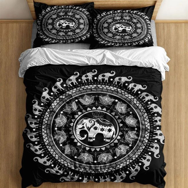 Bettbezug-Set mit indischem Stammeselefant-Motiv von Your Warm Home, 3-teilig, Farbe Schwarz, Material Mikrofaser, Breite: 155 cm, Länge: 215 cm - Bild 1