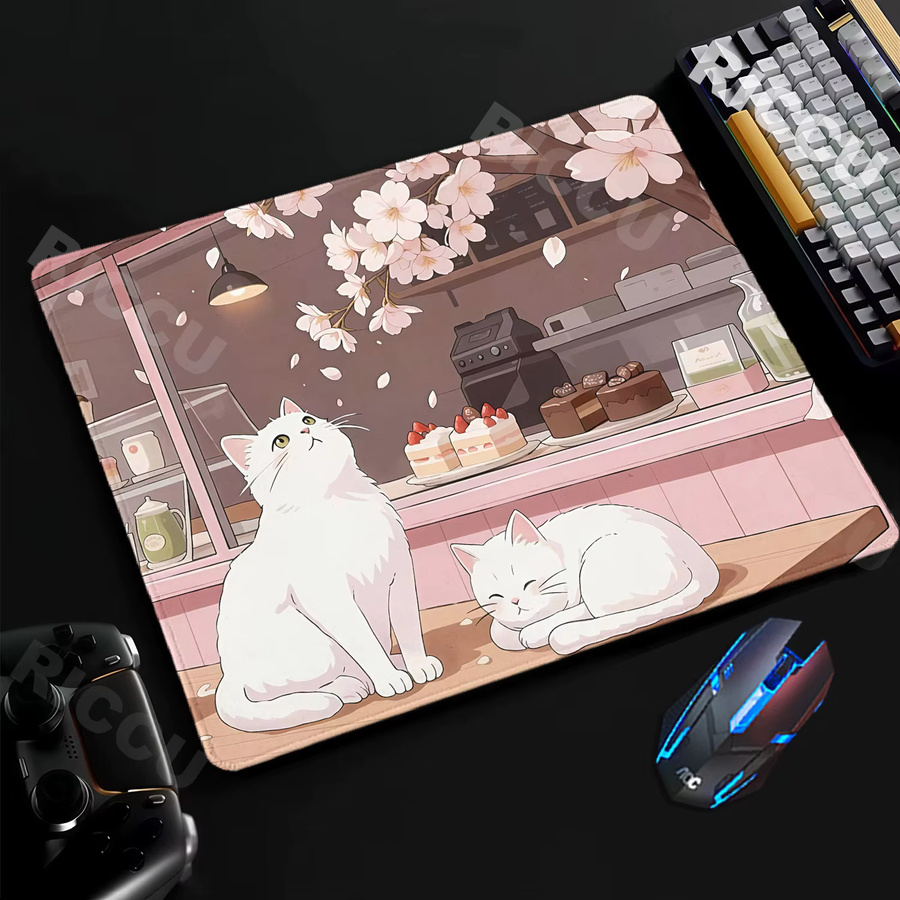 Riccu Gaming-Mauspad mit Kirschblüten- und Katzen-Motiv in Pink, XS Schreibtischunterlage für PC und E-Sport - Bild 1