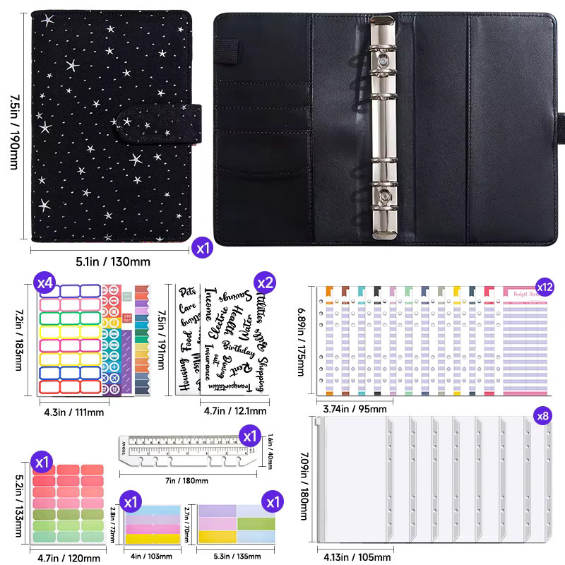 Coliky A6 Budget-Planer Ringbuch mit Glitzer-Stern-Textur und Plastik-Einband, B: 14,8 cm, H: 29,0 cm - Bild 2
