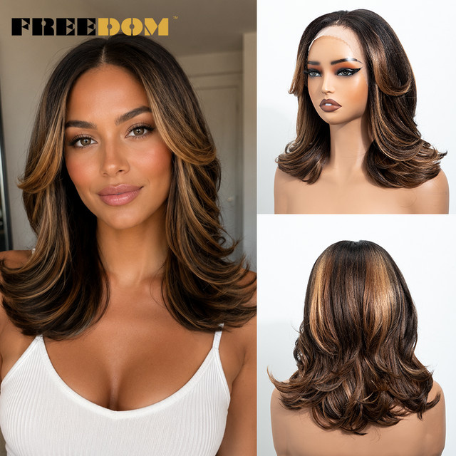FREEDOM Synthetische Lace-Front-Perücke, 14 Zoll Bob mit Pony, Ombre-Braun-Highlight, Damen - Bild 1