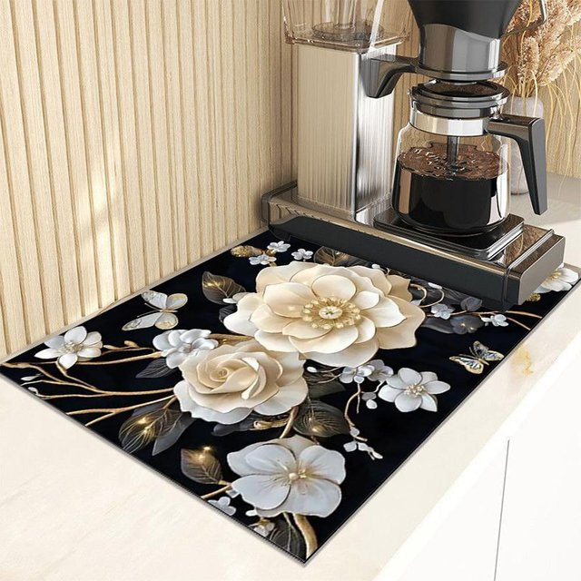 Super absorbierende Geschirrabtropfmatte Lodestar mit floralem Design in Schwarz, B/T: 40 x 30 cm - Bild 1