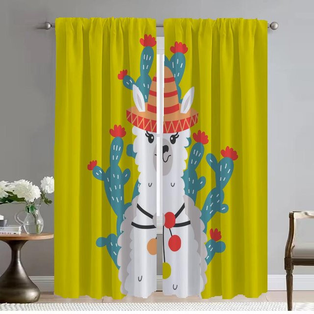 2er-Set Alpaka Trennvorhänge in Gelb für Schlafzimmer und Wohnzimmer, halbtransparente Raumvorhänge mit Tiermotiv, Breite: 50 cm, Höhe: 70 cm - Bild 1