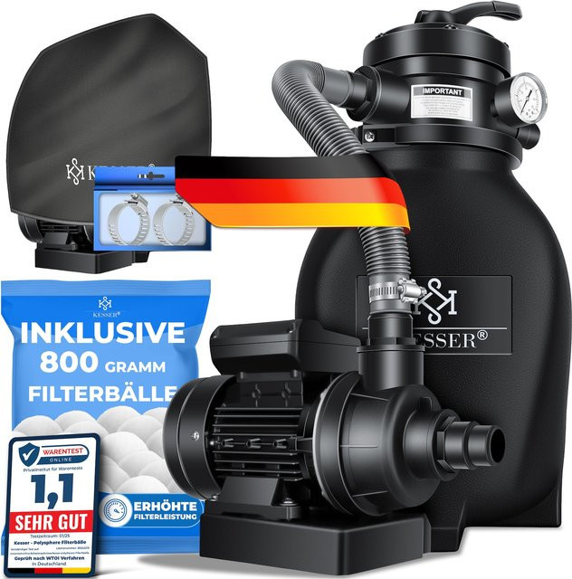 KESSER Sandfilteranlage mit 4-Wege-Ventil und 800g Filterbällen für Pool und Schwimmbecken, 10 m³/h, Schwarz - Bild 1