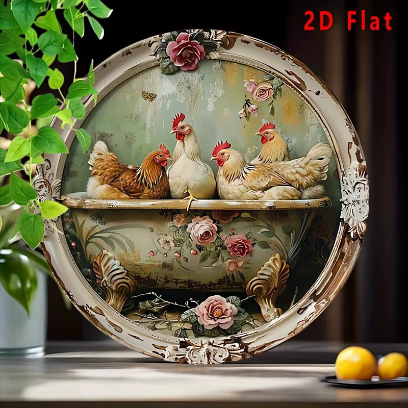 Potdemiel Metallwandkunst Huhn und Blumen im rustikalen Bauernhaus-Stil, Mehrfarbig, B/H: 20 x 20 cm - Bild 4