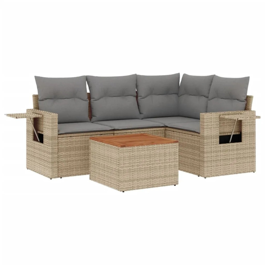 vidaXL 5-teilige Garten-Sofagarnitur aus Poly-Rattan mit Kissen in Beige und Akazienholz - Bild 2
