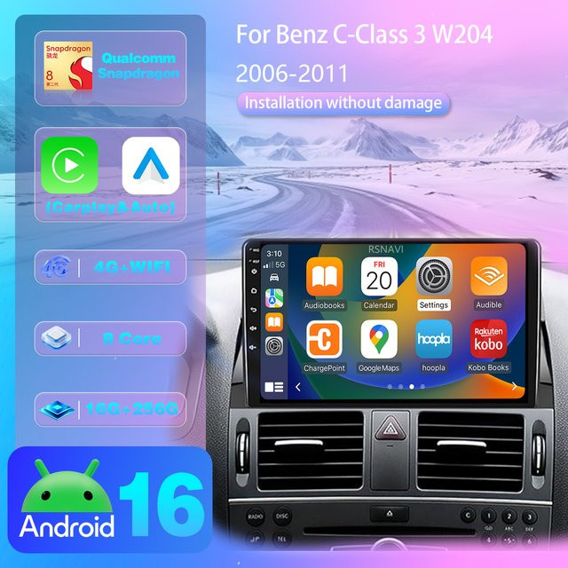 RSNAVI Android 16 Autoradio für Mercedes Benz C-Klasse W204 (2006 - 2011) mit CarPlay, GPS, 360 Kamera, Snapdragon Prozessor, WIFI und 4G in Schwarz - Bild 1