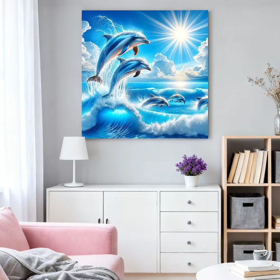 HUACAN 5D Diamantmalerei Delphin Mosaik-Set mit runden Steinen in Blau für deine Wanddekoration - Bild 2
