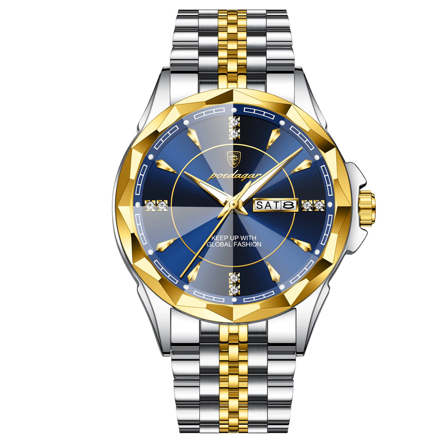 POEDAGAR Armbanduhr Quarz, Edelstahl, Blau, Gold, Herren - Bild 6