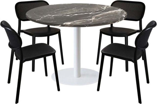 RestooTab Esstisch-Set Rome XL mit 4 Stühlen, runder Esstisch in Dekor Stein, schwarz/braun/marmoriert, B/T/H: 120 x 120 x 75 cm - Bild 1