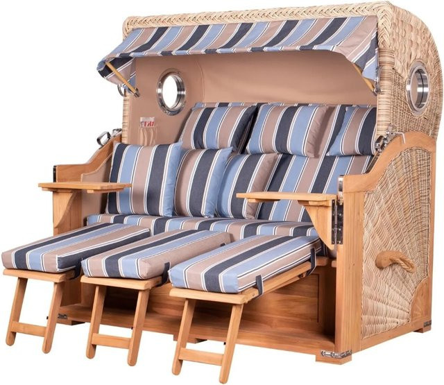 bene,iving Strandkorb Komplettset Königssee 3 Sitzer aus Teakholz mit PE Shell Modell 580, Braun/Mehrfarbig, inklusive Liftersystem, Schutzhülle, Doppelrollen und Glasbecherhalter - Bild 1