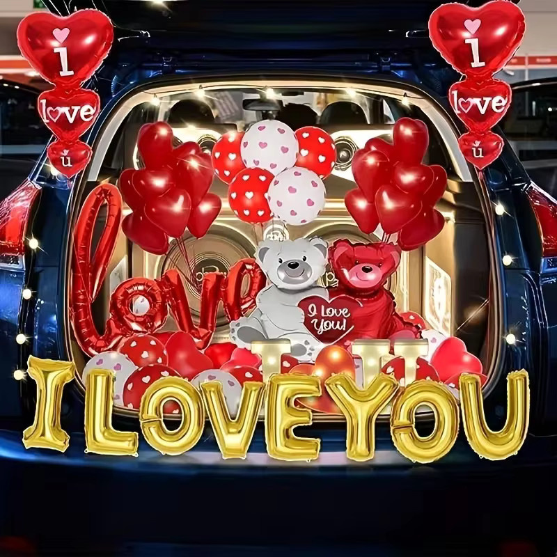 YAYB Folienballon-Set für Valentinstag und Jahrestag mit I Love You Buchstaben, Herzballons und Bär in Rot - Bild 2