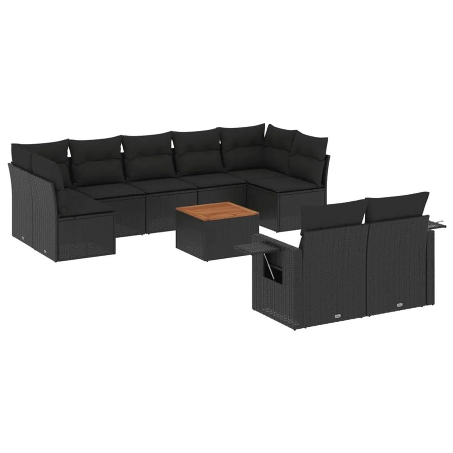 vidaXL 10-tlg. Garten-Sofagarnitur in L-Form aus Poly-Rattan und Akazienholz mit Kissen, Schwarz - Bild 2
