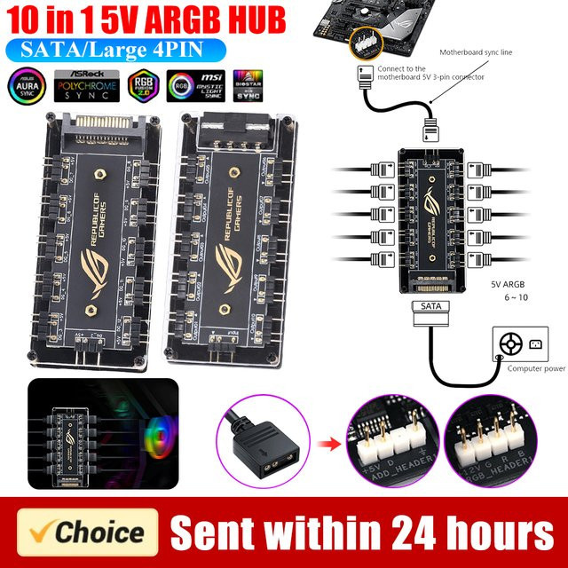 Asus AURA SYNC ARGB RGBW Kabel Splitter Hub mit 3 Pin 5V und SATA Power für LED Streifen und PC Lüfter in Schwarz - Bild 1