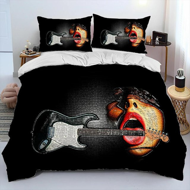 Bettwäsche-Set mit klassischer Elektrischer Gitarre in Schwarz, atmungsaktives Microfaser-Bettbezug-Set mit Kissenbezug, B/H: 135 x 200 cm - Bild 1