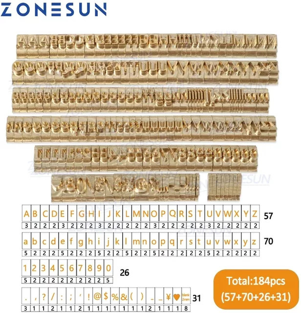 ZONESUN 184 Stück Messing Alphabet Buchstaben Set mit Zahlensymbolen in Gold, 10 cm T-Nut Buchstabenstempel für Heißfolienprägemaschinen - Bild 1