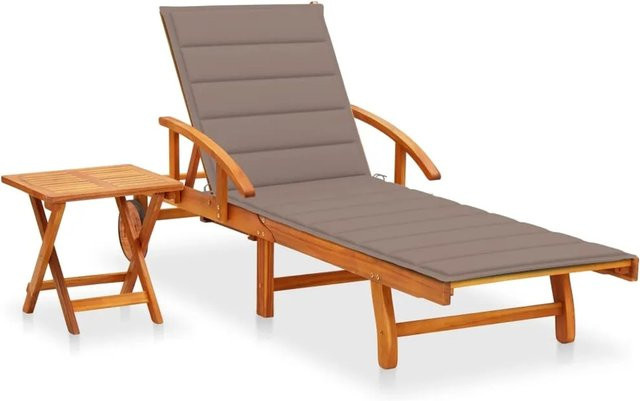 vidaXL Sonnenliege aus Akazie Massivholz mit Tisch, Auflage und Rollen, Farbe Taupe/Beige - Bild 1