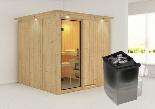 Karibu Sauna Valga aus Fichtenholz in Beige inklusive 9 kW Saunaofen mit integrierter Steuerung für 4 Personen, B/T/H: 210 x 202 x 210 cm - Bild 1