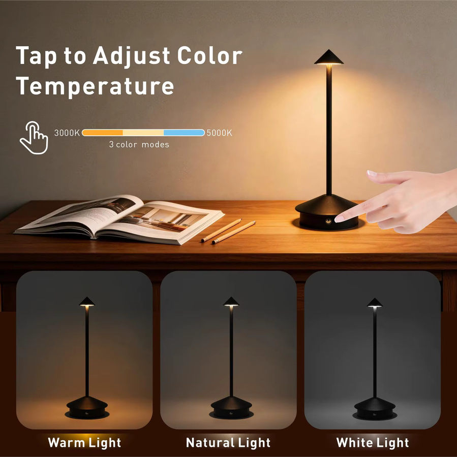 Wiederaufladbare LED-Tischlampe mit Berührungssensor und 3 Farbmodi für modernes Ambientlicht und Schlafzimmer, Metall - Bild 5