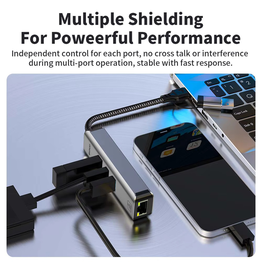 DOONJIEY 4 in 1 USB-C zu RJ45 2,5G Ethernet Adapter und USB 3.0 Hub, 2500Mbps Netzwerkkarte in Silber - Bild 4