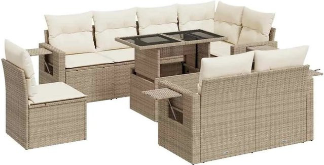 vidaXL 9-teilige Garten-Sofagarnitur in L-Form aus Poly-Rattan in Beige-Creme mit wetterfesten Kissen und pulverbeschichtetem Stahlgestell - Bild 1