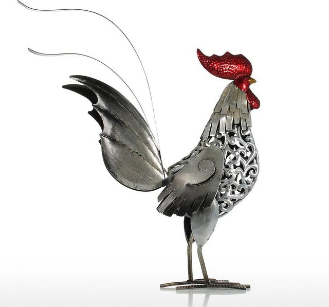 Tooarts Metallskulptur Hahn aus Eisen in Silber und Rot - Bild 1