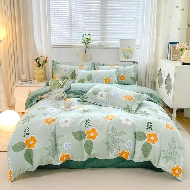 4-teiliges Bettwäscheset Your Warm Home mit botanischem Blumenmuster in Grün, wendbar, bestehend aus 1 Bettbezug (Breite: 180 cm, Länge: 220 cm), 1 Bettlaken und 2 Kissenbezügen (50 x 70 cm) - Bild 1