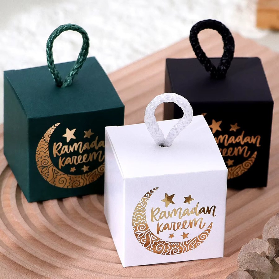 20-teiliges Luxus-Mini-Geschenkbox-Set für Eid in Schwarz, Grün und Weiß mit goldenem Mond- und Sternen-Design und geflochtenen Griffen - Bild 2