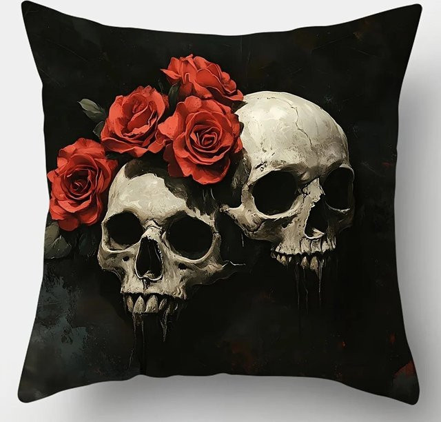 VIKAMA Kissenbezüge mit Totenkopf und Rose in Schwarz, quadratisch, B/B/H: 50 x 50 x 50 cm - Bild 1