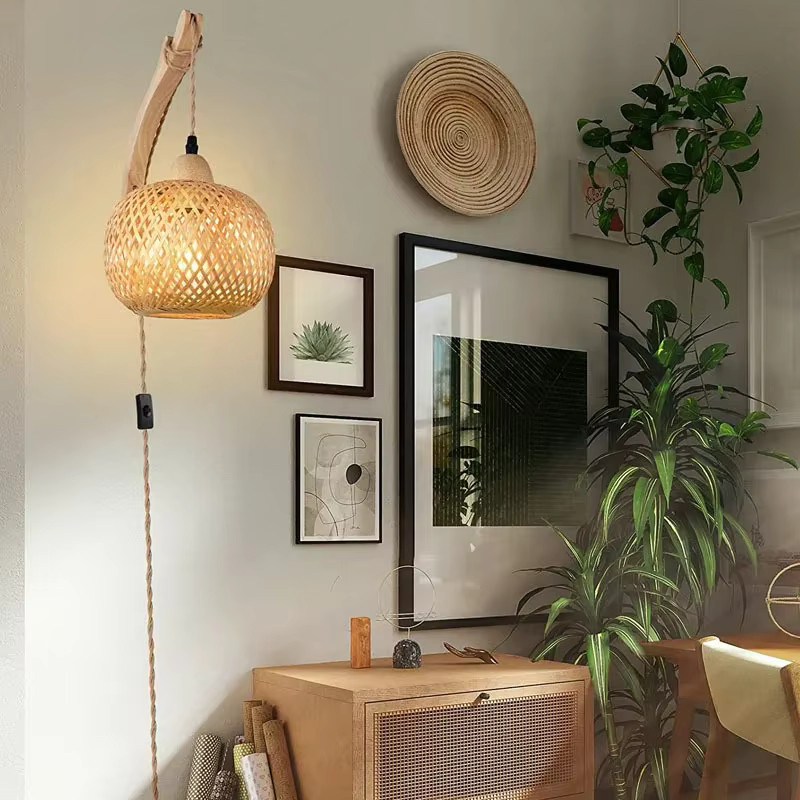 L-MANG Wandleuchte aus Bambus und Rattan in Beige, Handgewebte Laternen-Wandlampe mit E27 Fassung im Rustikalen Stil - Bild 3
