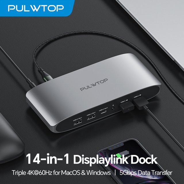 PULWTOP 14-in-1 USB-C DisplayLink Dockingstation in Grau mit 2 HDMI 4K UHD bei 60 Hz, DisplayPort, PD, USB-C Daten, 4 USB-A und Ethernet - Bild 1