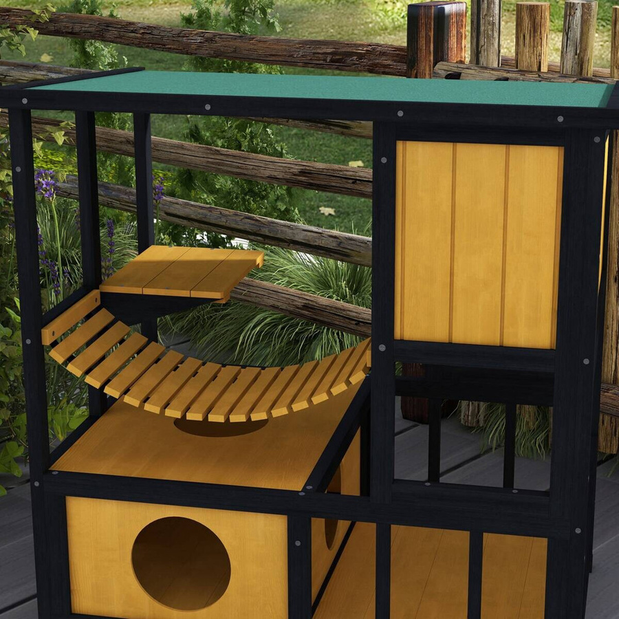 PawHut Outdoor-Katzenhaus aus Kiefernholz und Tannenholz, wetterfest mit erhöhtem Boden, Gelb-Schwarz, B: 60 cm, T: 84,5 cm, H: 88 cm - Bild 4