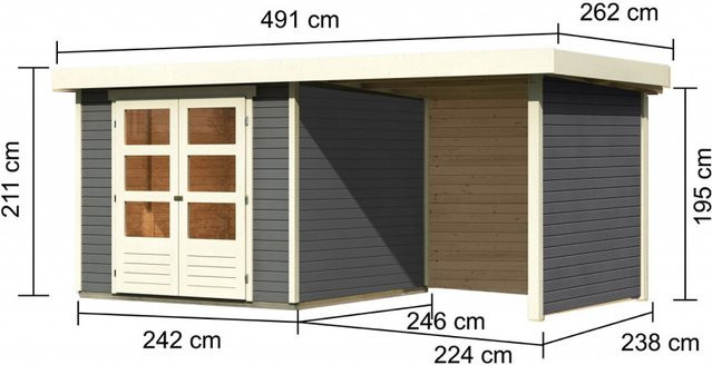 Gartenhaus Holz ASKOLA 35 Flachdachhaus in Flachdachgrau mit Anbaudach, B/H: 238 x 242 cm, Wandstärke: 19 mm - Bild 1