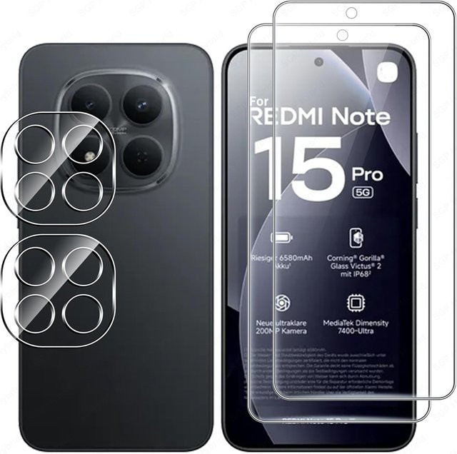 Displayschutzfolie aus gehärtetem Glas für Xiaomi Redmi Note 15 Pro 5G mit 3D Kamera Rückseitenabdeckung, transparent - Bild 1