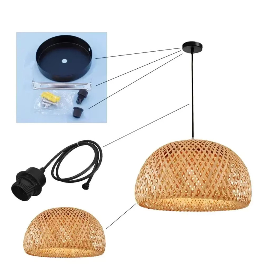 JOYINLED Bambus Hängelampe in Halbkugelform, Naturfarbenes Holz-Design im Boho-Stil für Wohnzimmer und Esszimmer, Warmweißes Licht - Bild 3