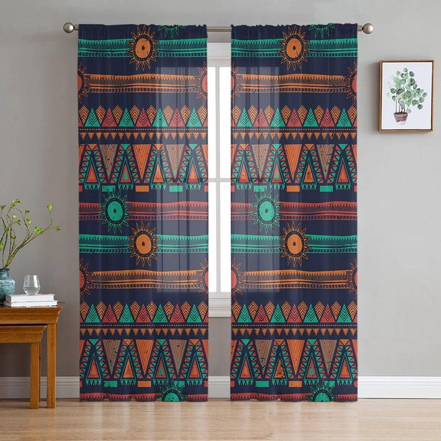A Family Of Home Textiles Modern bedruckter Tüllvorhang im mexikanischen Boho-Stil, transparent, Mehrfarbig, B: 135 cm, H: 160 cm - Bild 1