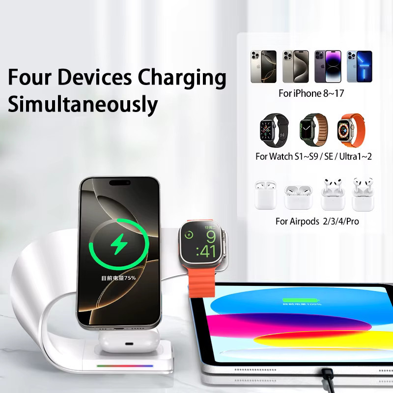 CrownQu 4-in-1 Magnetisches Kabelloses Ladegerät 15W Schnellladestation aus Metall in Silber für iPhone, AirPods und Apple Watch - Bild 5
