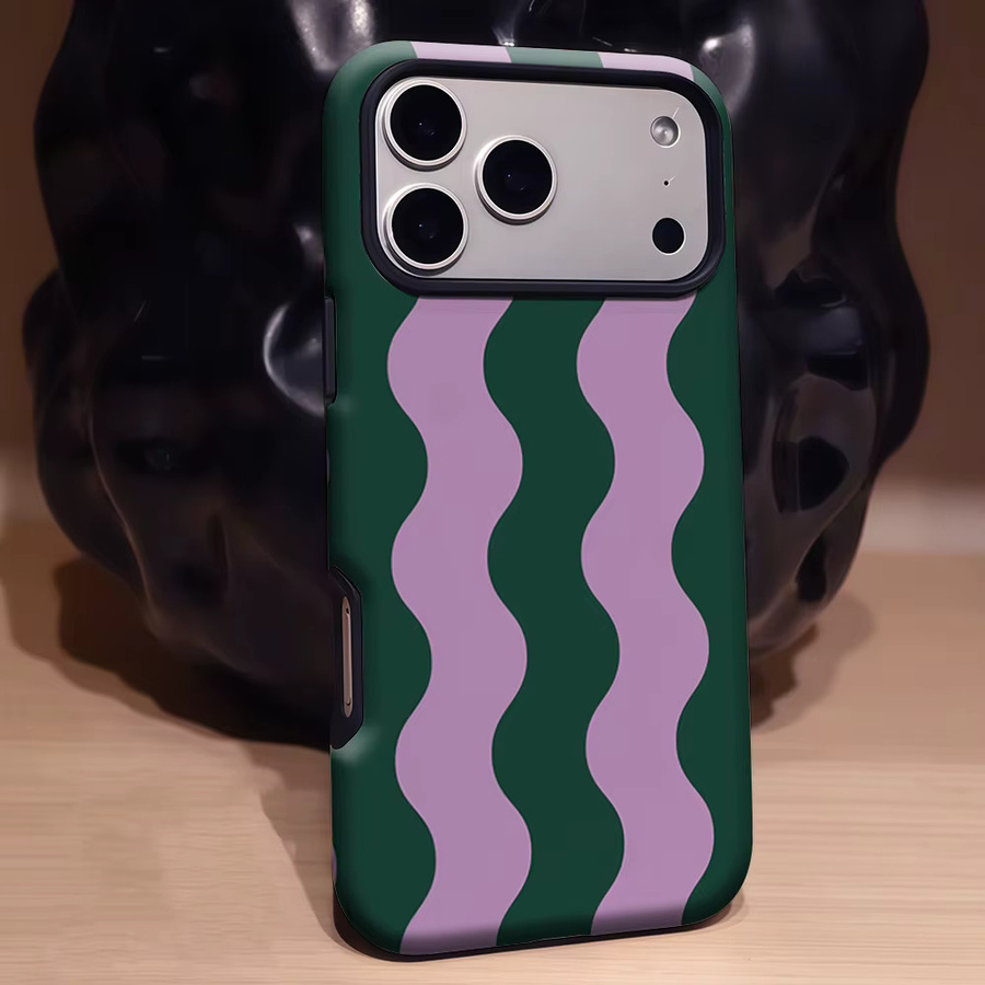 Robuste doppelschichtige Handyhülle mit Wellenmuster für iPhone 17 16 15 14 13 Pro Max Plus, magnetisch, Lila-Grün, Marke Potdemiel - Bild 3