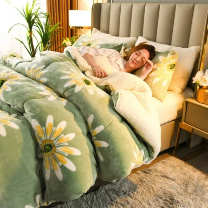 Warme Winterbettwäsche aus Flanell-Fleece mit Steppdecke für Erwachsene in Blau oder Grün - Bild 2