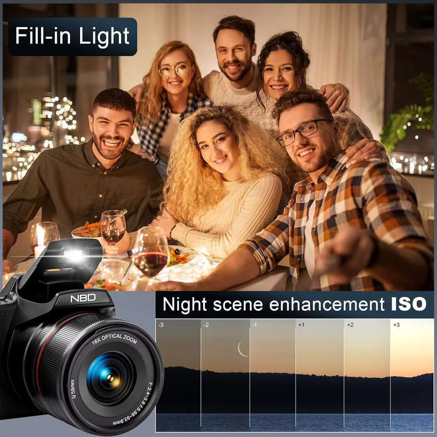 NBD 5K Digitalkamera in Schwarz mit 16-fachem optischem Zoom, WLAN und App-Steuerung sowie 180 Grad drehbarem Bildschirm für Fotografie und Vlogging - Bild 4