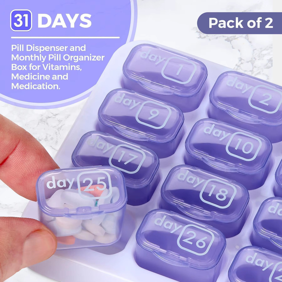 UNTIOR Pillendose Organizer in Tastaturform mit 31 Fächern für wöchentliche und monatliche Einnahme, Farbe: Lila - Bild 2