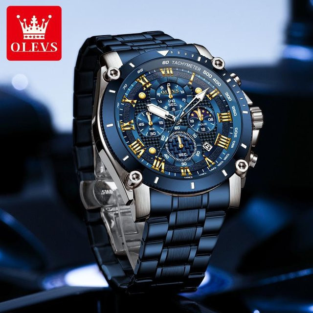 Olevs Chronograph, Quarz, Edelstahl, 47 mm, Herren, Blau, Silber - Bild 1