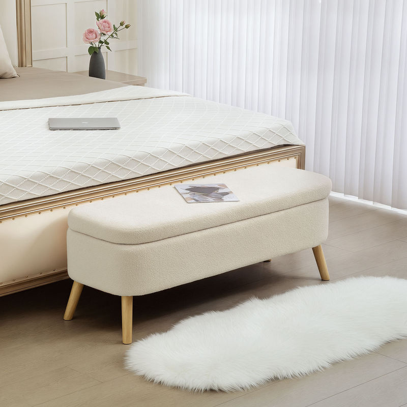 HOMCOM Sitzbank mit Stauraum in Teddy-Fleece-Optik, Polsterbank als Truhenbank mit Holzbeinen, B/T/H: 120 x 42 x 45 cm, Beige - Bild 2