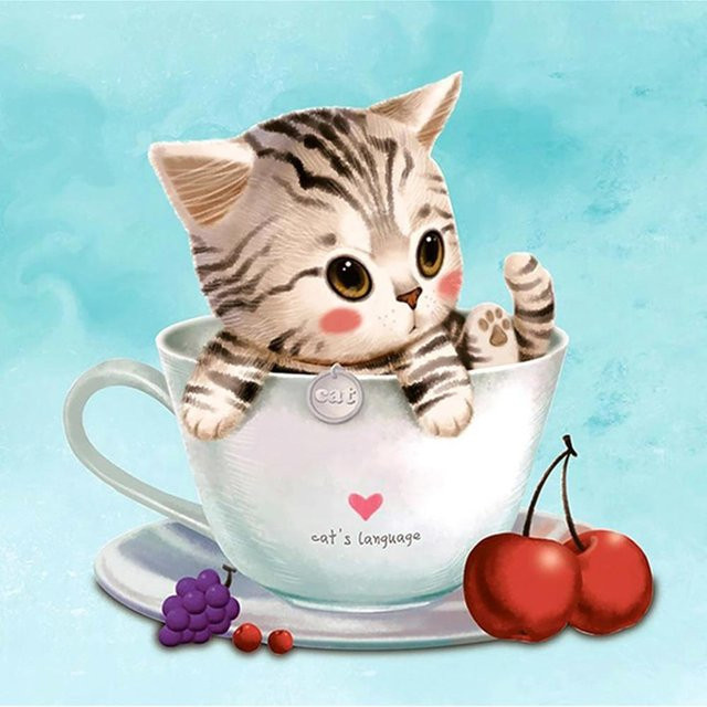 FIYO 5D-Diamantgemälde zum Selbermachen Katze in der Tasse als Stickerei und Strass-Mosaik in Mehrfarbig, B/H: 60 x 60 cm - Bild 1