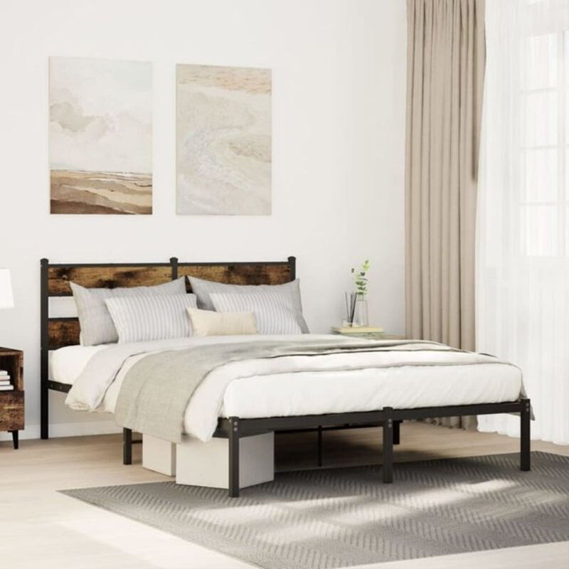 Metallbett Vidaxl im Industrial Design aus Metall und Holzwerkstoff in Schwarz und Räuchereiche, B/T/H: 150 x 200 x 91,5 cm - Bild 1