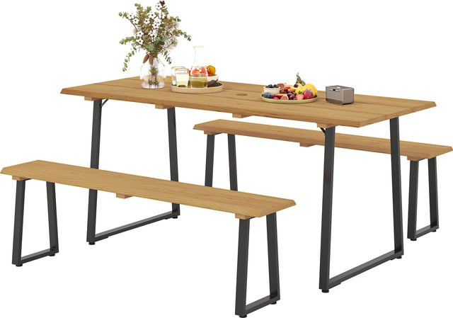 Outsunny 3-teilige Sitzgruppe aus Tannenholz in Braun für 6 Personen mit Esstisch und 2 Bänken, B/H/L: 178 x 76 x 77 cm - Bild 1