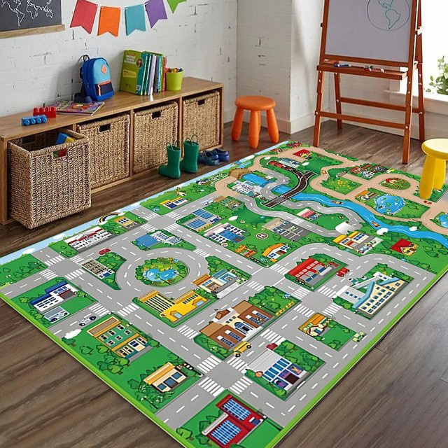 Rutschfeste Auto-Spielmatte von Potdemiel mit Autobahn- und Stadt-Motiv für Kinder, Mehrfarbig - Bild 1