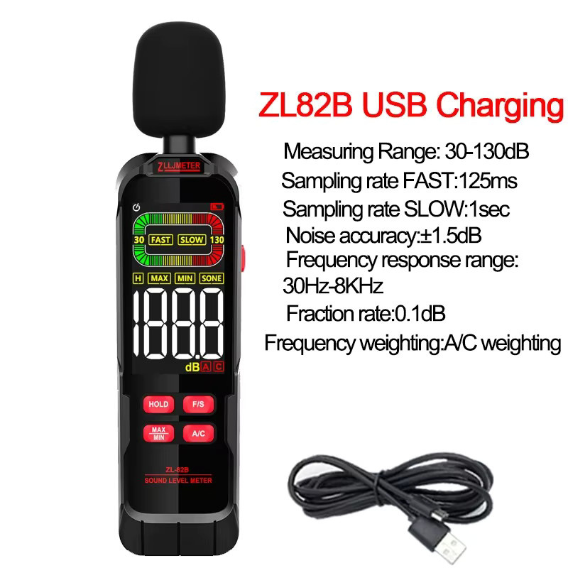 ZLLJMETER Gewichteter digitaler Schallpegelmesser mit USB-Aufladung, tragbares Decibelimetro für 30–130 dB A/C - Bild 5