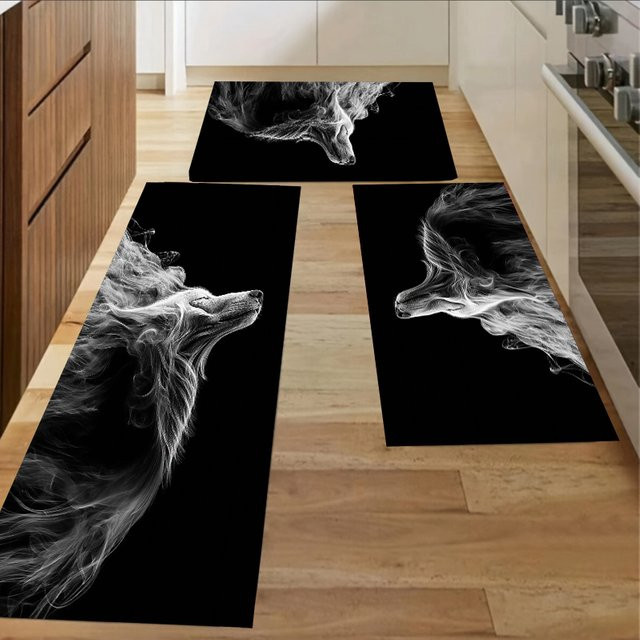 3-teiliges Set rutschfeste Küchenmatten mit modernem Grafikdesign in Schwarz für Eingangsbereich und Waschraum - Bild 1