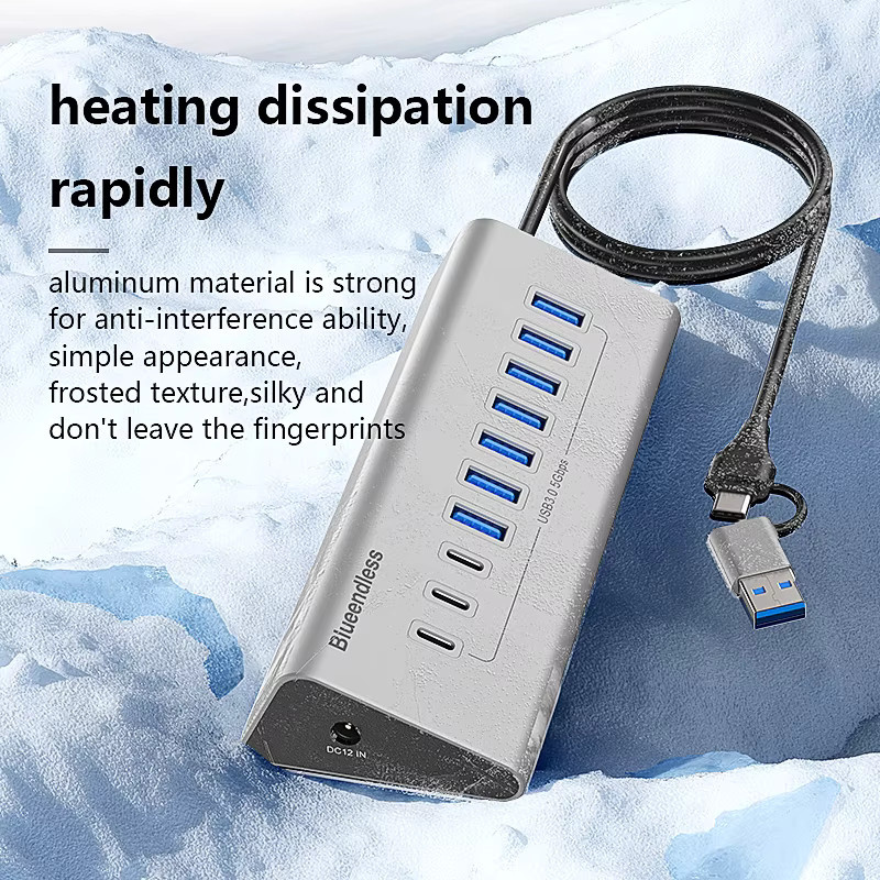 Kebidumei USB 3.0 Hub Dockingstation mit 4/7/10 Ports als USB-A und USB-C Expander aus Aluminium in Silber - Bild 5